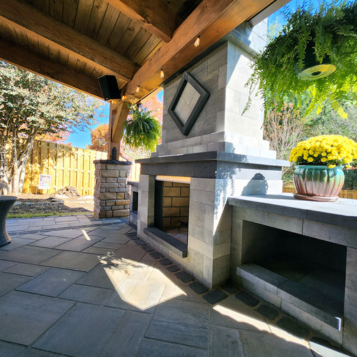 Large stone paver patio designed for outdoor entertaining in East Tennessee