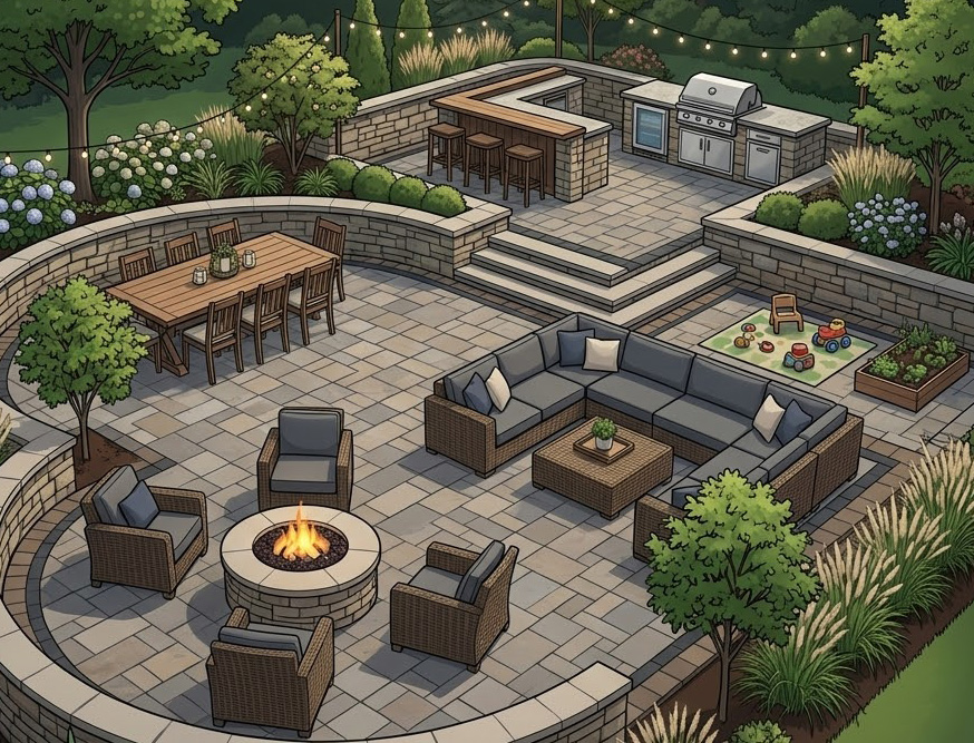 Patio with built-in grill, 5 person bar island, 8-person table, and firepit with chair and couch.