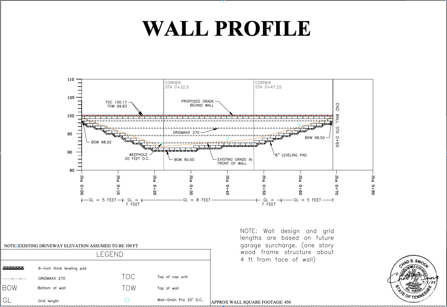 View of elevations and grid location for the construction of the wall. 